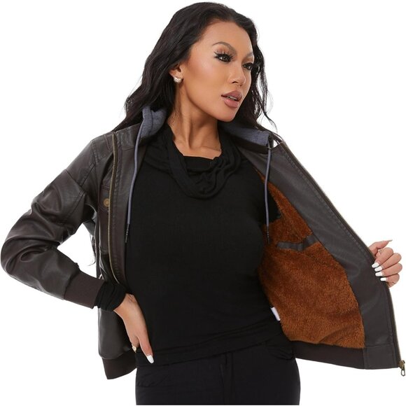 Women Coffee Faux Leather Waterproof Motorcycle Bomber Biker Jacket - Picture 7 of 8